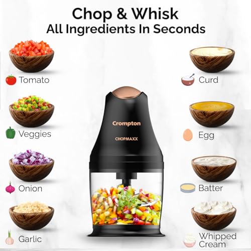 Crompton ChopMaxx Electric Vegetable Chopper | 300 Watts Motors | Twin S-Shaped Ninja food grade blades | 800 ml see through food grade bowl | Whisking attachment | Easy to clean & Store - Image 3