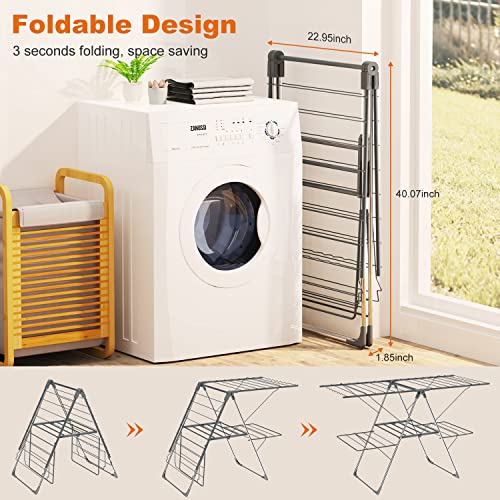 Bigzzia Clothes Drying Rack Foldable, 2-Level Large Laundry Drying Rack Collapsible, Stainless Steel Drying Rack Clothing for Indoor Outdoor, Easy to Fold, 33 Drying Rails, 56.1" L × 22.7" W, Gray - Image 4