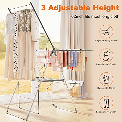 Bigzzia Clothes Drying Rack Foldable, 2-Level Large Laundry Drying Rack Collapsible, Stainless Steel Drying Rack Clothing for Indoor Outdoor, Easy to Fold, 33 Drying Rails, 56.1" L × 22.7" W, Gray - Image 3