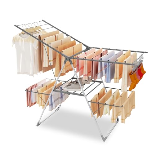 Bigzzia Clothes Drying Rack Foldable, 2-Level Large Laundry Drying Rack Collapsible, Stainless Steel Drying Rack Clothing for Indoor Outdoor, Easy to Fold, 33 Drying Rails, 56.1" L × 22.7" W, Gray - Image 1