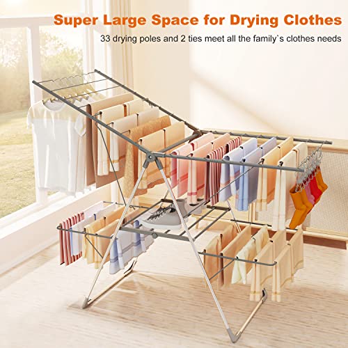 Bigzzia Clothes Drying Rack Foldable, 2-Level Large Laundry Drying Rack Collapsible, Stainless Steel Drying Rack Clothing for Indoor Outdoor, Easy to Fold, 33 Drying Rails, 56.1" L × 22.7" W, Gray - Image 2