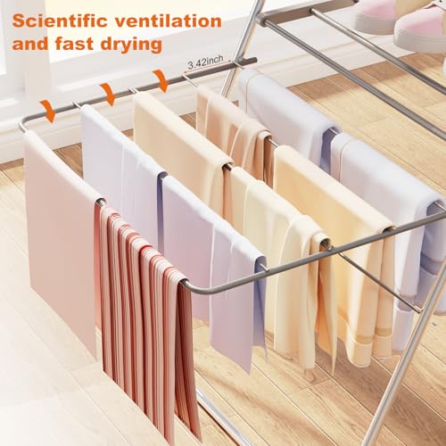 Bigzzia Clothes Drying Rack Foldable, 2-Level Large Laundry Drying Rack Collapsible, Stainless Steel Drying Rack Clothing for Indoor Outdoor, Easy to Fold, 33 Drying Rails, 56.1" L × 22.7" W, Gray - Image 5
