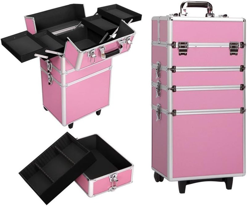 Rolling Makeup Train Case, 4 in 1 Professional Cosmetic Travel Case Trolley Large Makeup Storage Organzier Box with Wheels and Keys - Image 1