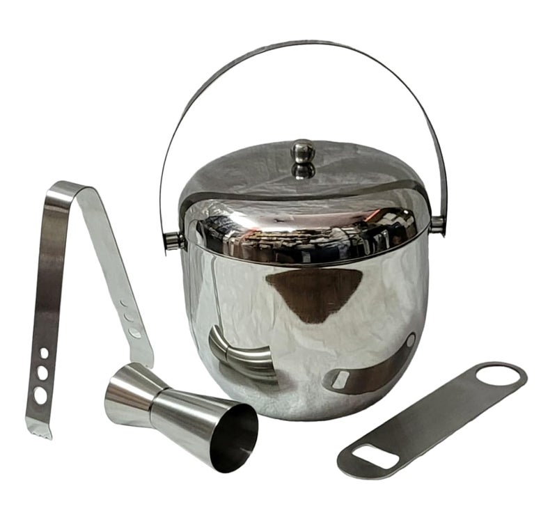 Proniks Ice Bucket 1250ml with Ice Scope Ice TongOpenerPeg Measure and with Cocktail Shaker 750ml Great bar Tools for Home bar Accessories Mini bar Wine Large Medium Silver - Image 2