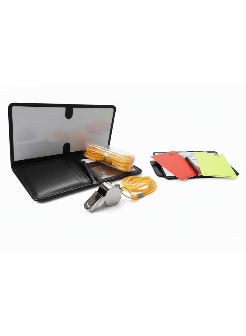 طقم تحكيم كرة قدم احترافي متكامل - يتضمن بطاقات حمراء وصفراء، محفظة جلدية، قلم رصاص، وصفارة معدنية مع حبل تعليق وعلبة حفظ - معدات حكم متميزة للمباريات والتدريبات. - Image 2