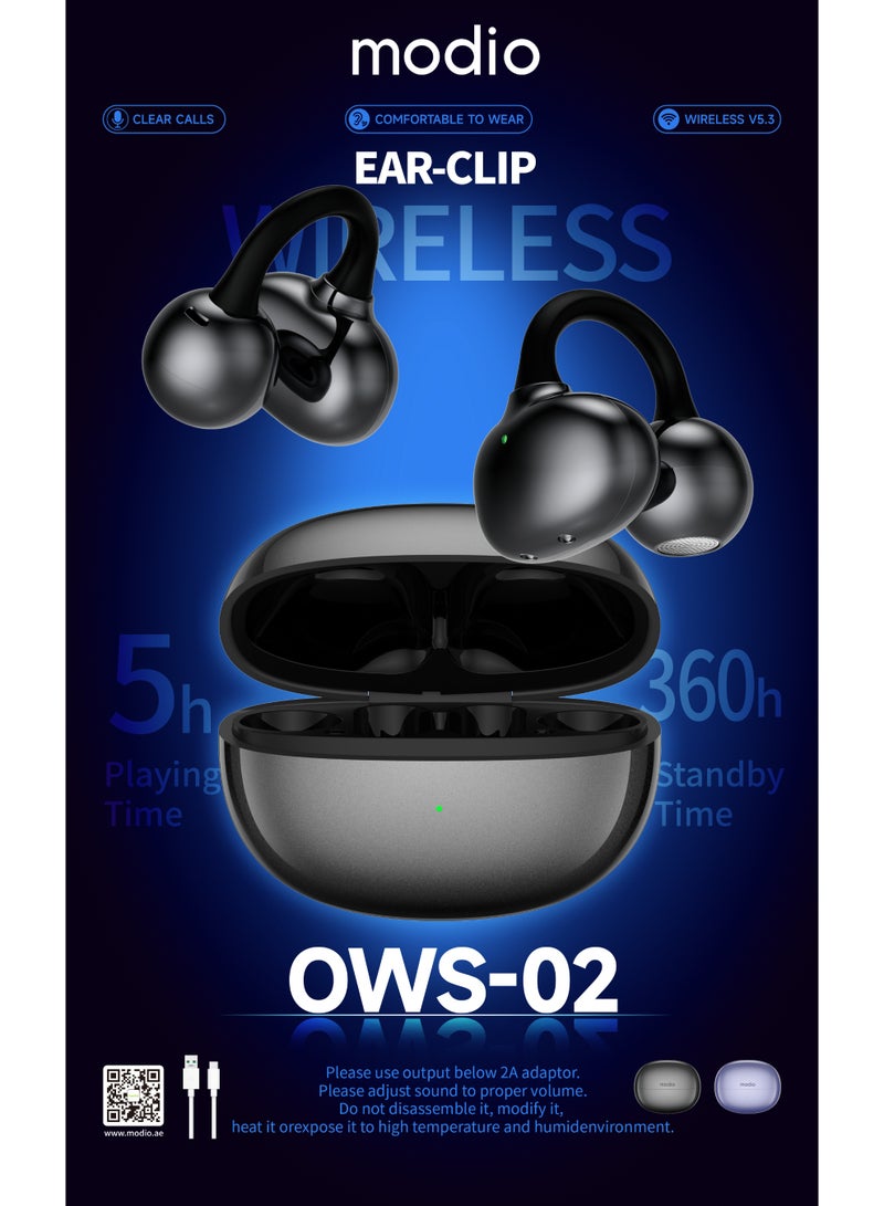 modio Open-Ear Wireless Ear Clip Earbuds, Bluetooth 5.3, Lightweight, Touch Control, Long Battery Life – Black - Image 2