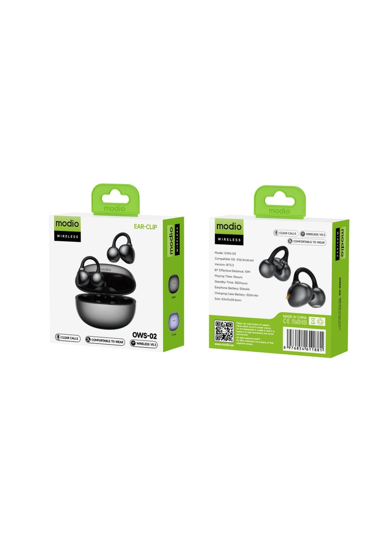 modio Open-Ear Wireless Ear Clip Earbuds, Bluetooth 5.3, Lightweight, Touch Control, Long Battery Life – Black - Image 3