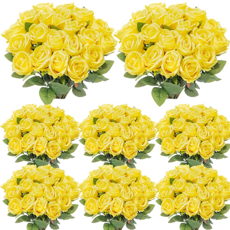 Hotop 80 Pcs Rose Artificial Flowers Bulk with Long Stem, Silk Roses Realistic Fake Flowers Bouquet for Wedding Table Centerpieces Bridal Shower Party Home Decorations(Yellow) - Image 1