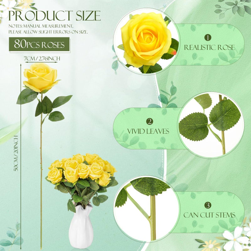 Hotop 80 Pcs Rose Artificial Flowers Bulk with Long Stem, Silk Roses Realistic Fake Flowers Bouquet for Wedding Table Centerpieces Bridal Shower Party Home Decorations(Yellow) - Image 2