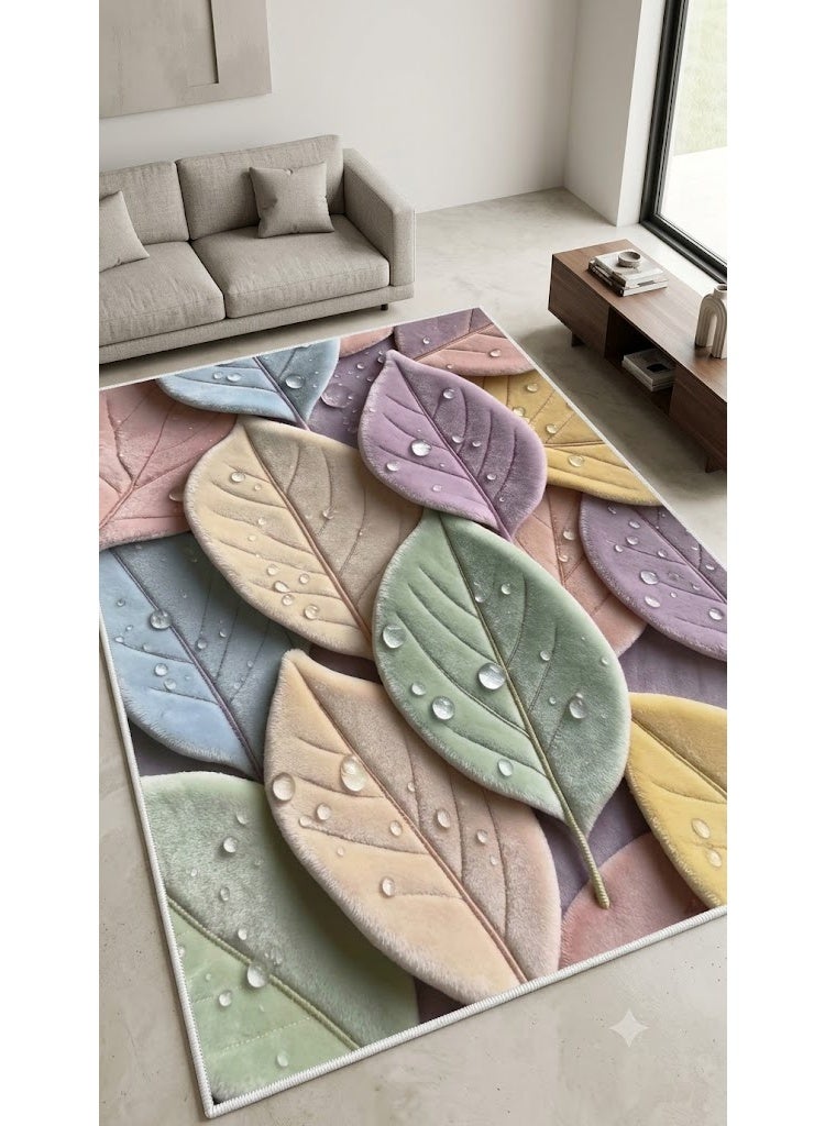 Premium 7D Carpet Alternative, 3D Leaf & Dewdrop Design in Soft Pastels, Washable & Anti-Slip - Size 180x280 cm - Image 3