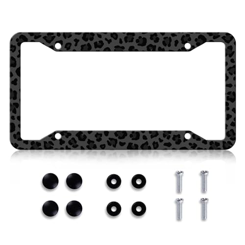 LIN KANG Black Leopard Cheetah Print License Plate Frame Funny Animal Print License Plates Holder Stainless Steel Auto Parts RustProof Waterproof Car Decorative Tag Frame for Standard US 12x6 Inch - Image 1