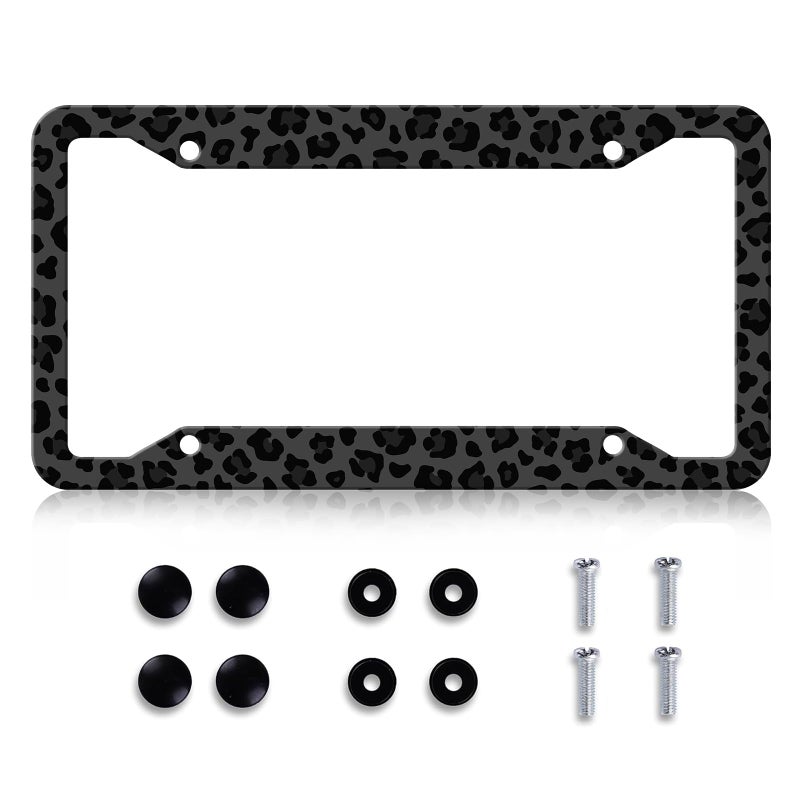 LIN KANG Black Leopard Cheetah Print License Plate Frame Funny Animal Print License Plates Holder Stainless Steel Auto Parts RustProof Waterproof Car Decorative Tag Frame for Standard US 12x6 Inch - Image 3