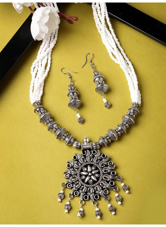 Sukkhi Ethnic Oxidised Silver Plated Floral Stylish Beads Long Necklace Set And Earring | Jewellery Set For Women (NS105588) - Image 3