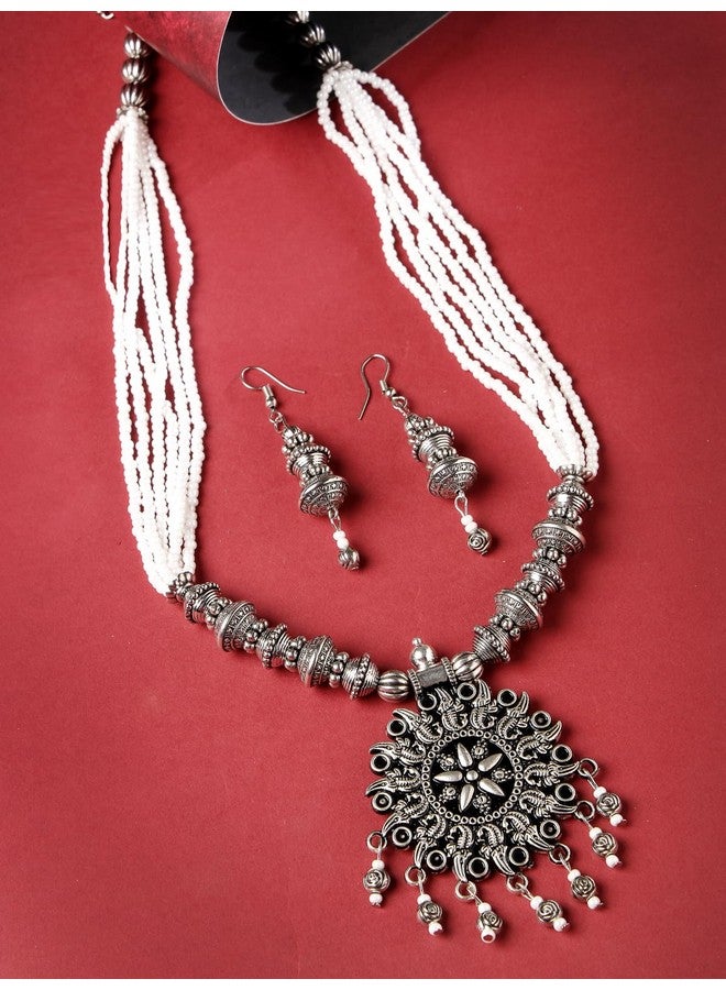 Sukkhi Ethnic Oxidised Silver Plated Floral Stylish Beads Long Necklace Set And Earring | Jewellery Set For Women (NS105588) - Image 4