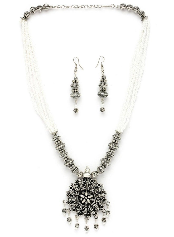 Sukkhi Ethnic Oxidised Silver Plated Floral Stylish Beads Long Necklace Set And Earring | Jewellery Set For Women (NS105588) - Image 1