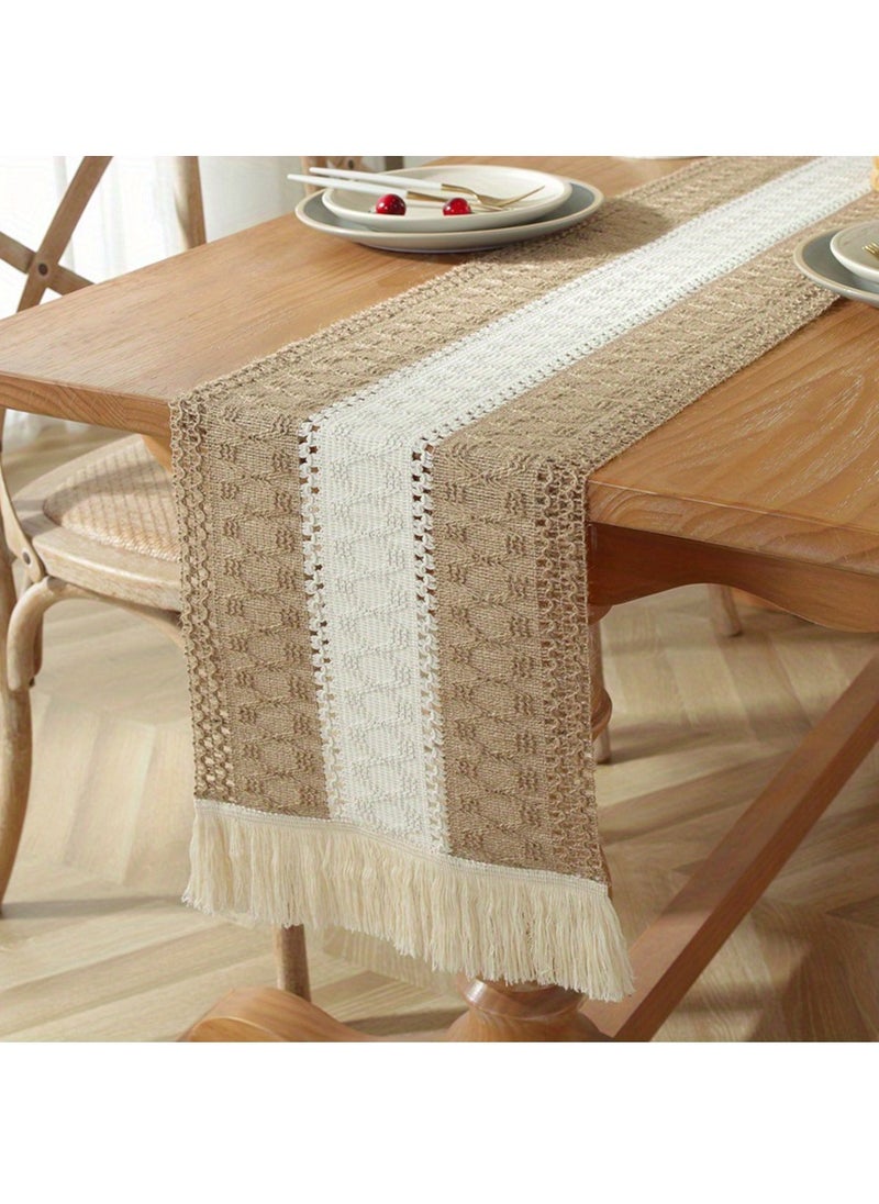 MileMelo Tablecloth - Table Runner with Tassels Cotton Hessian, Splicing Cotton Linen Table Runners, Soft Table Runner for Festive Wedding Table Decoration Brown 12*70.9inch  - Image 1