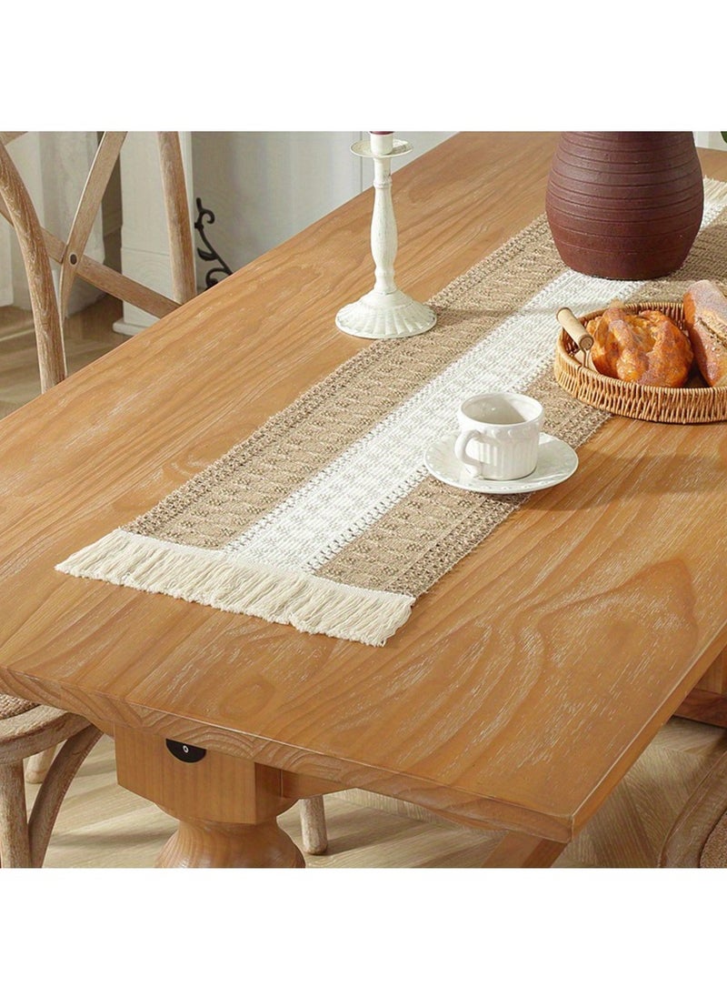 MileMelo Tablecloth - Table Runner with Tassels Cotton Hessian, Splicing Cotton Linen Table Runners, Soft Table Runner for Festive Wedding Table Decoration Brown 12*70.9inch  - Image 3