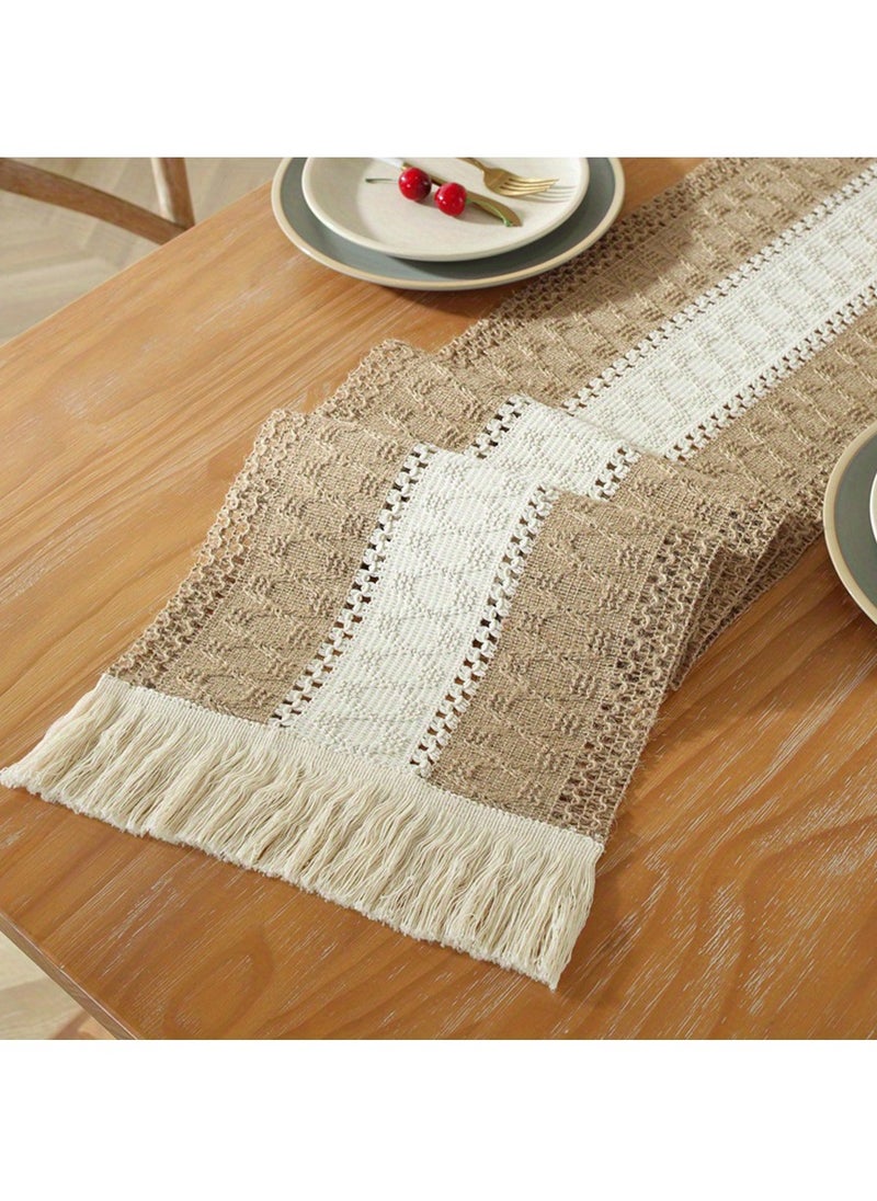 MileMelo - Tablecloth - Table Runner with Tassels Cotton Hessian, Splicing Cotton Linen Table Runners, Soft Table Runner for Festive Wedding Table Decoration Brown 12*70.9inch - Image 1