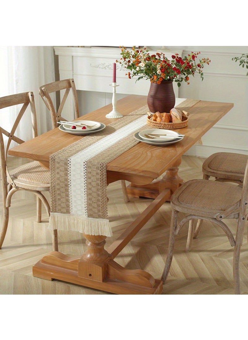 MileMelo Tablecloth - Table Runner with Tassels Cotton Hessian, Splicing Cotton Linen Table Runners, Soft Table Runner for Festive Wedding Table Decoration Brown 12*70.9inch  - Image 4
