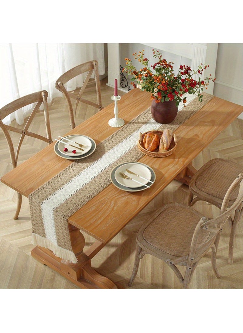 MileMelo - Tablecloth - Table Runner with Tassels Cotton Hessian, Splicing Cotton Linen Table Runners, Soft Table Runner for Festive Wedding Table Decoration Brown 12*70.9inch - Image 1