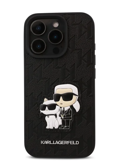 Karl Lagerfeld iPhone 16 Pro Max Case PU Monogram Karl & Choupette Patch Hard Cover / Shock Absorption/ Drop Protection/ Anti-Scratch/ Comfortable Grip/ Easy Snap On - Black