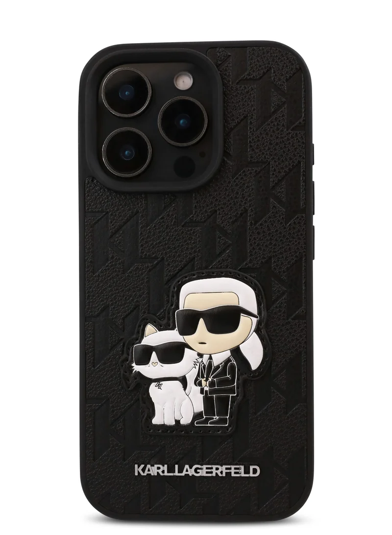 Karl Lagerfeld iPhone 16 Pro Max Case PU Monogram Karl & Choupette Patch Hard Cover / Shock Absorption/ Drop Protection/ Anti-Scratch/ Comfortable Grip/ Easy Snap On - Black