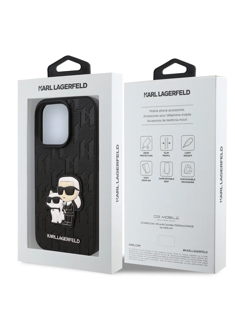 Karl Lagerfeld iPhone 16 Pro Max Case PU Monogram Karl & Choupette Patch Hard Cover / Shock Absorption/ Drop Protection/ Anti-Scratch/ Comfortable Grip/ Easy Snap On - Black