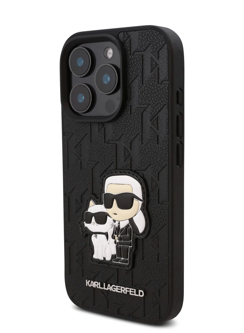Karl Lagerfeld iPhone 16 Pro Max Case PU Monogram Karl & Choupette Patch Hard Cover / Shock Absorption/ Drop Protection/ Anti-Scratch/ Comfortable Grip/ Easy Snap On - Black
