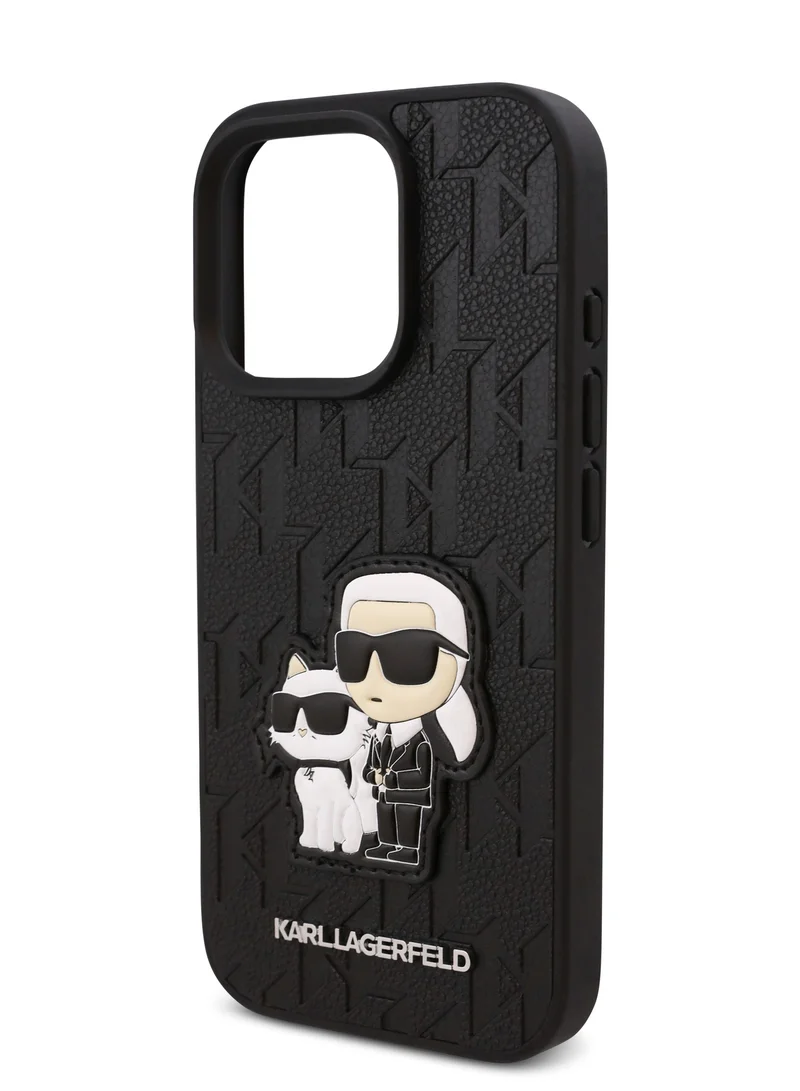 Karl Lagerfeld iPhone 16 Pro Max Case PU Monogram Karl & Choupette Patch Hard Cover / Shock Absorption/ Drop Protection/ Anti-Scratch/ Comfortable Grip/ Easy Snap On - Black
