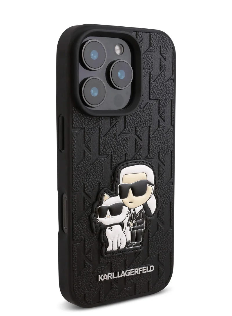 Karl Lagerfeld iPhone 16 Pro Max Case PU Monogram Karl & Choupette Patch Hard Cover / Shock Absorption/ Drop Protection/ Anti-Scratch/ Comfortable Grip/ Easy Snap On - Black