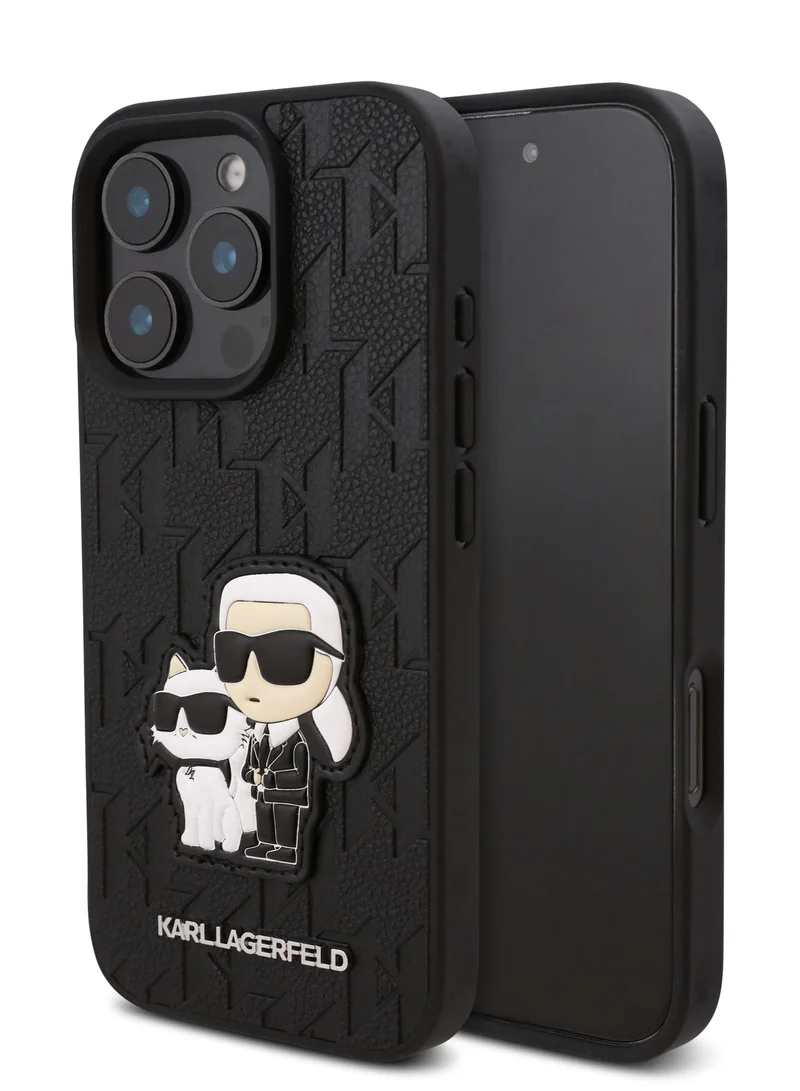 Karl Lagerfeld iPhone 16 Pro Max Case PU Monogram Karl & Choupette Patch Hard Cover / Shock Absorption/ Drop Protection/ Anti-Scratch/ Comfortable Grip/ Easy Snap On - Black