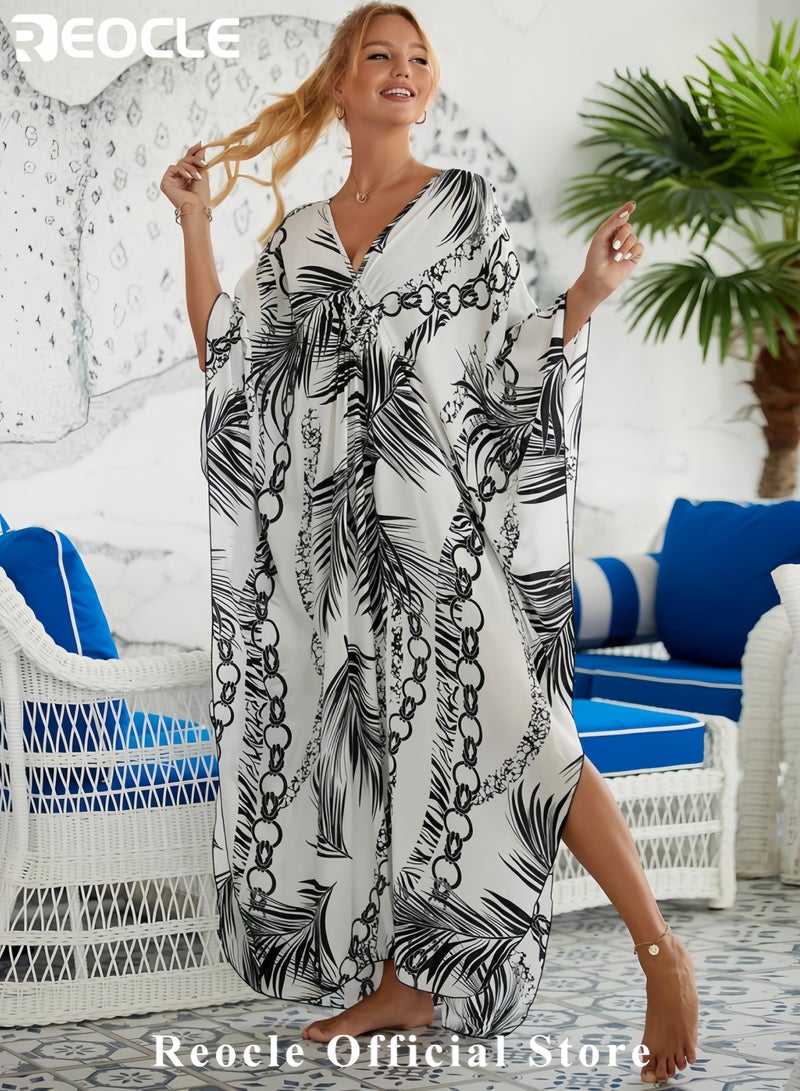 REOCLE Women Animal Print Kaftan Dresses Plus Size Swimsuit Coverup 2025 Summer Bathing Suit Caftan Loungewear Beach Dress - Image 4