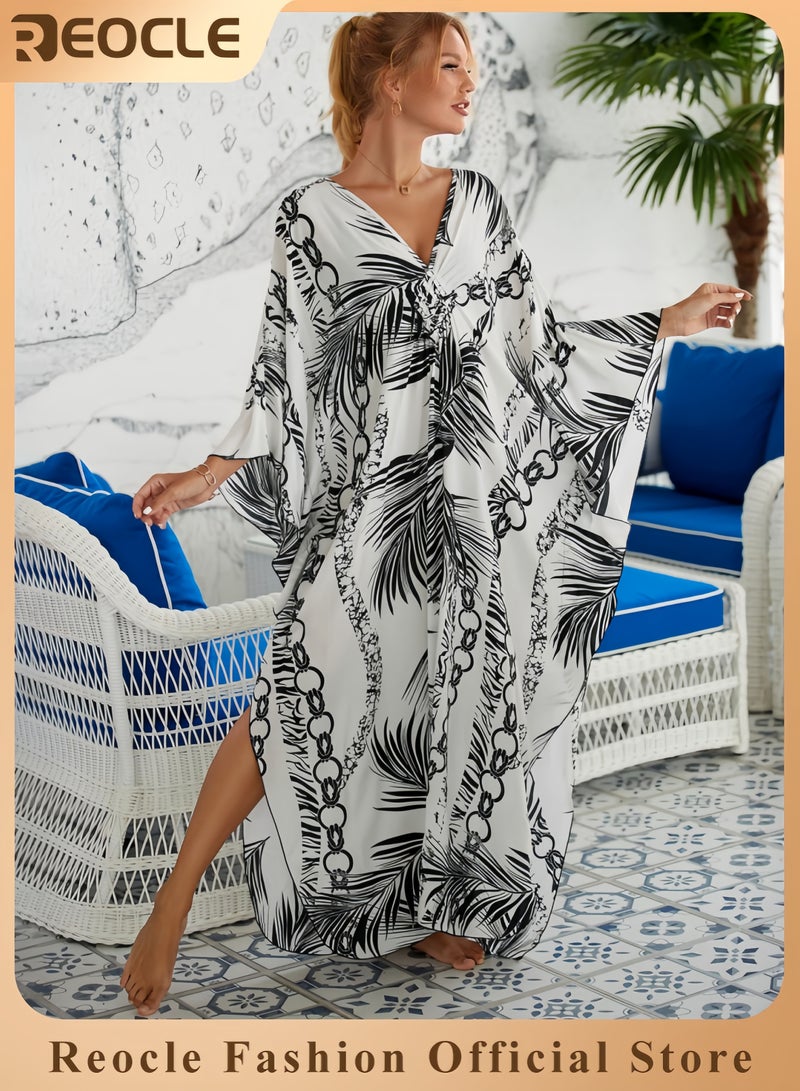 REOCLE Women Animal Print Kaftan Dresses Plus Size Swimsuit Coverup 2025 Summer Bathing Suit Caftan Loungewear Beach Dress - Image 1