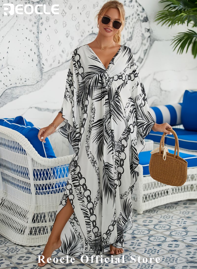 REOCLE Women Animal Print Kaftan Dresses Plus Size Swimsuit Coverup 2025 Summer Bathing Suit Caftan Loungewear Beach Dress - Image 2