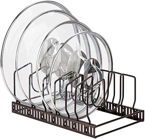 Toplife Pot Lids Organizer Rack for Cabinet and Countertop, 7+ Pan Lids and Bakeware Organizer Rack Holder with 7 Adjustable Compartments - Brown - Image 1