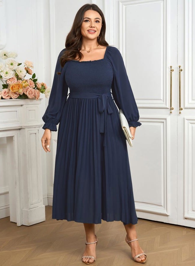 SHESTARR Women's Plus Size Dress Long Sleeve Smocked Square Neck Ruffle Pleated Flowy Wedding Guest Maxi Fall Dress, Blue, XXL Plus - Image 3