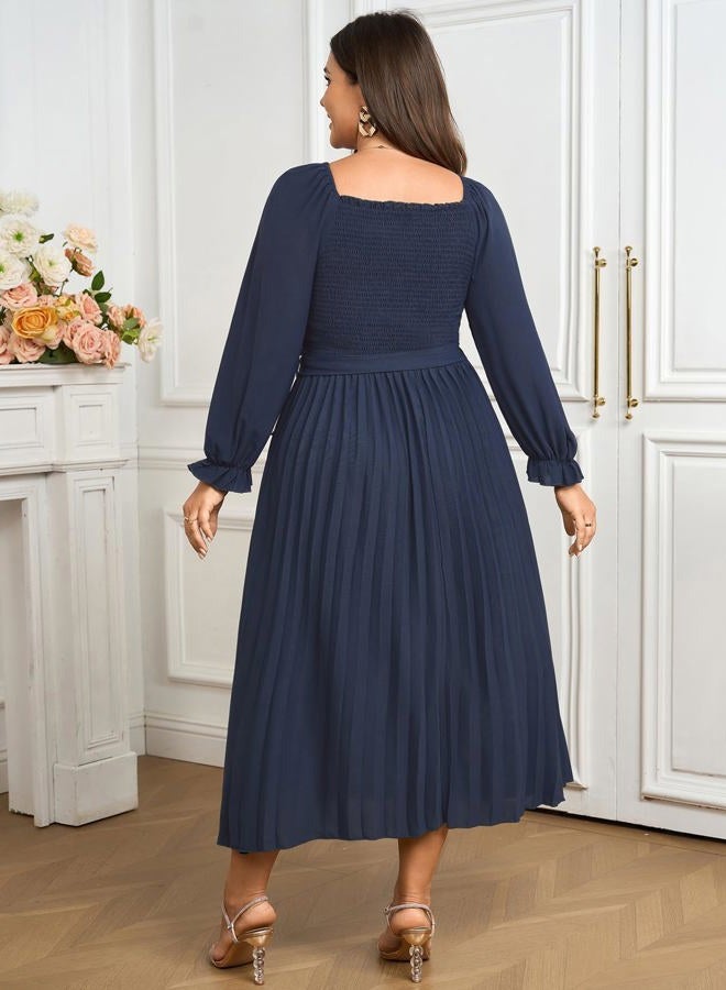 SHESTARR Women's Plus Size Dress Long Sleeve Smocked Square Neck Ruffle Pleated Flowy Wedding Guest Maxi Fall Dress, Blue, XXL Plus - Image 5