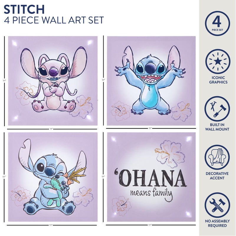 Idea Nuova Disney Stitch 4-Pack Canvas LED Wall Art Set,Childrenâ€™s Hanging Wall DÃ©cor for Bedroom & Playroom, Each Piece 11" x 11" - Image 2
