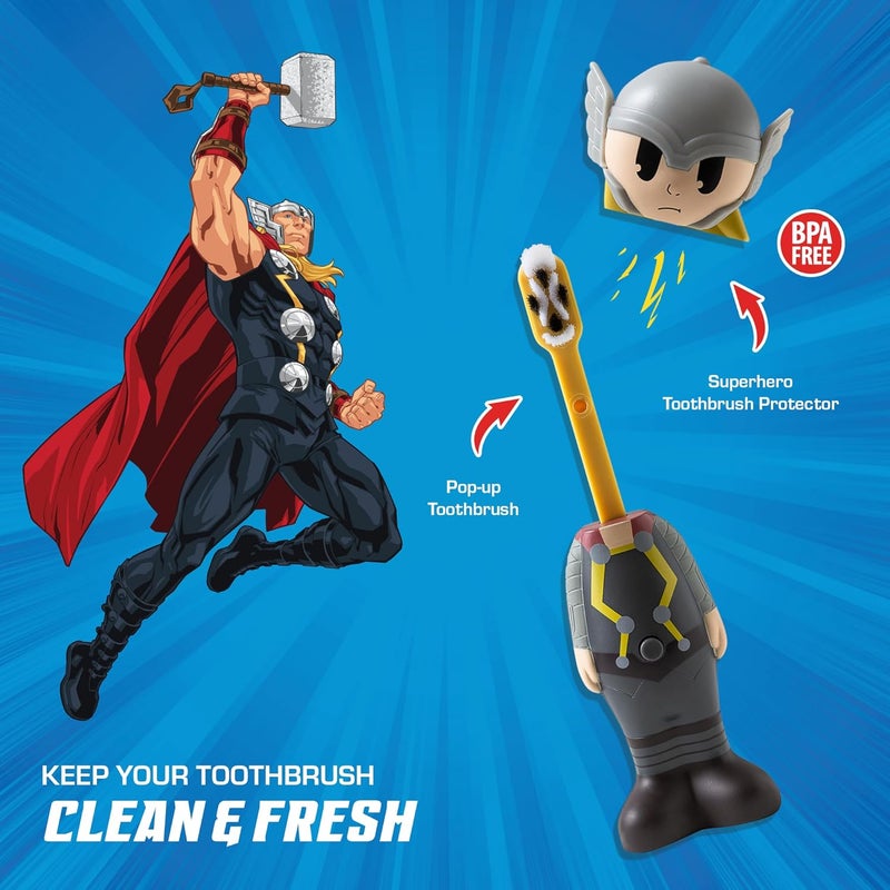 براش باديز فرشاة أسنان Marvel Thor للأطفال، شعيرات ناعمة ومستديرة، غطاء مميز على شكل بطل خارق، مقبض سهل الإمساك، تنظيف لطيف للأطفال الصغار والأطفال من عمر 2 سنة فما فوق، مناسبة للسفر، رعاية فموية صحية. - Image 2