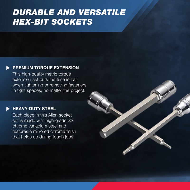 Neiko 10076A 3/8-Inch Drive Extra Long Allen Hex Bit Socket Set, Metric, 3 mm - 10 mm | S2 and Cr-V Steel, 7-Piece Set - Image 2