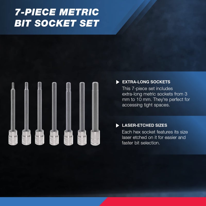Neiko 10076A 3/8-Inch Drive Extra Long Allen Hex Bit Socket Set, Metric, 3 mm - 10 mm | S2 and Cr-V Steel, 7-Piece Set - Image 3