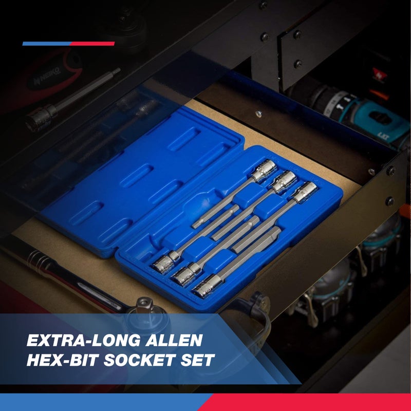 Neiko 10076A 3/8-Inch Drive Extra Long Allen Hex Bit Socket Set, Metric, 3 mm - 10 mm | S2 and Cr-V Steel, 7-Piece Set - Image 5
