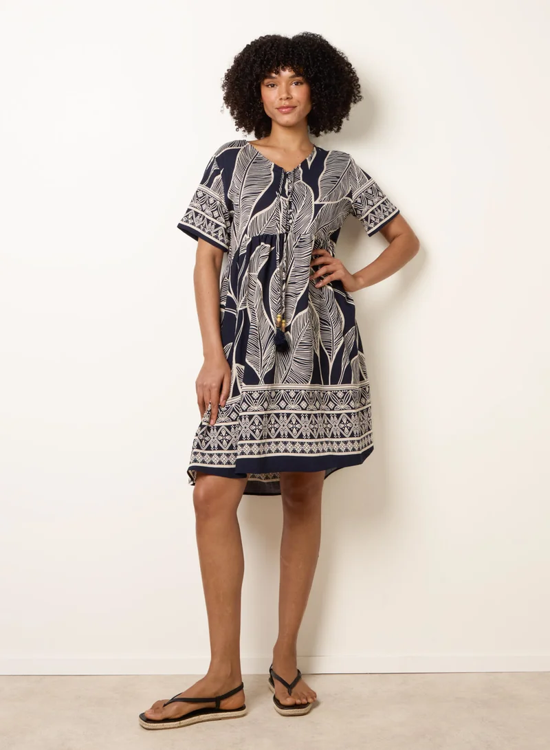 Blue Vanilla Dress With Tropical Leaf Print