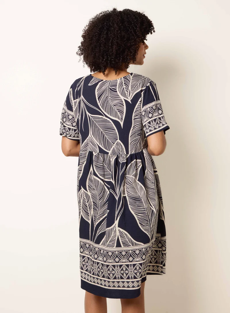 Blue Vanilla Dress With Tropical Leaf Print