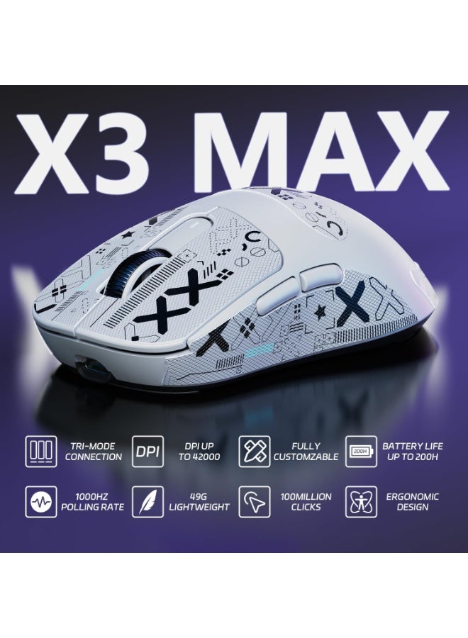 ATTACK SHARK X3MAX Wireless Gaming Mouse,PixArt PAW3950 Gaming Sensor,Up to 42K DPI,100 Million Micro,49g Lightweight Tri-Mode(BT5.2/2.4Ghz/Wired) Mice with Coiled Cable-White&Tape - Image 2