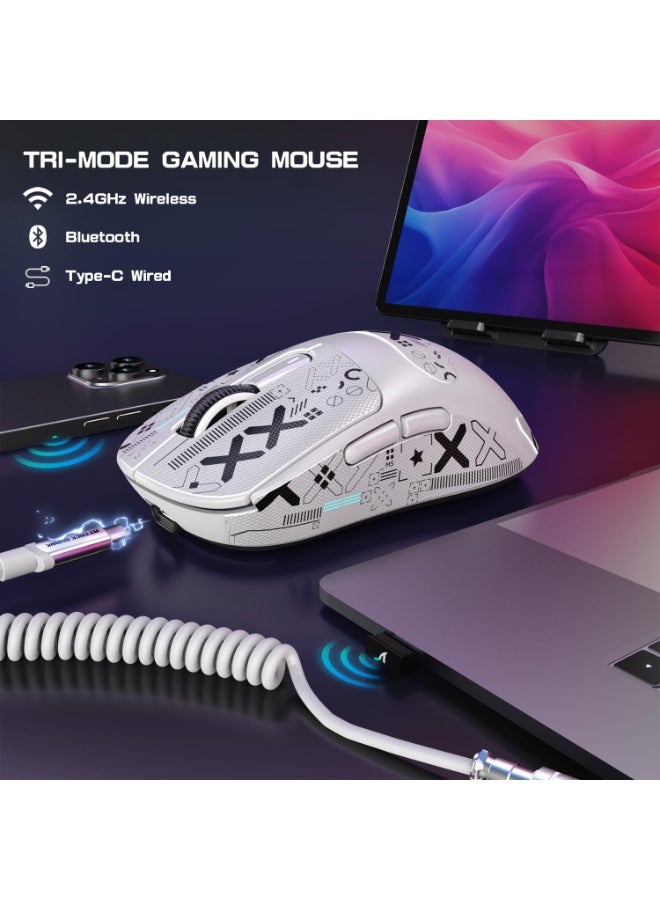 ATTACK SHARK X3MAX Wireless Gaming Mouse,PixArt PAW3950 Gaming Sensor,Up to 42K DPI,100 Million Micro,49g Lightweight Tri-Mode(BT5.2/2.4Ghz/Wired) Mice with Coiled Cable-White&Tape - Image 4