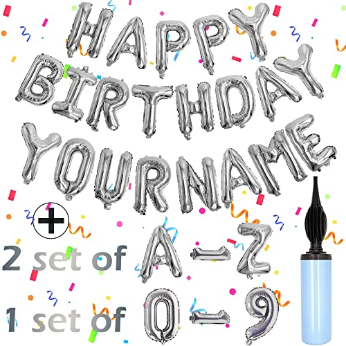Awfrky 76pcs Happy Birthday Balloon Banner Silver Balloons Letters Personalized 16 Mylar Foil Birthday Decorations includes 2 Sets A Z 1 set Number 09 and HAPPY BIRTHDAY letters with Balloon Pump - Image 1