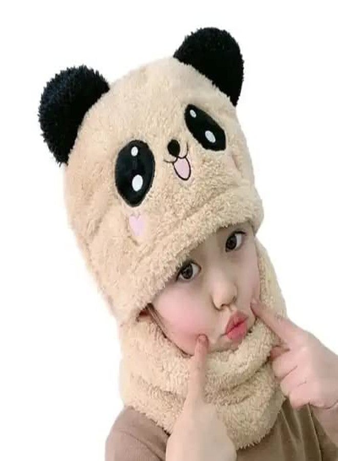 KANEEKSHI Cute Panda Cartoon Monkey Cap for Boys and Girls (Pack of 1) | Age - 6 Years to 12 Years |Free Size | Plush Wool | Winter Cap/Neck Scarf Beige - Image 1