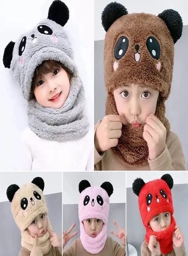 KANEEKSHI Cute Panda Cartoon Monkey Cap for Boys and Girls (Pack of 1) | Age - 6 Years to 12 Years |Free Size | Plush Wool | Winter Cap/Neck Scarf Beige - Image 3
