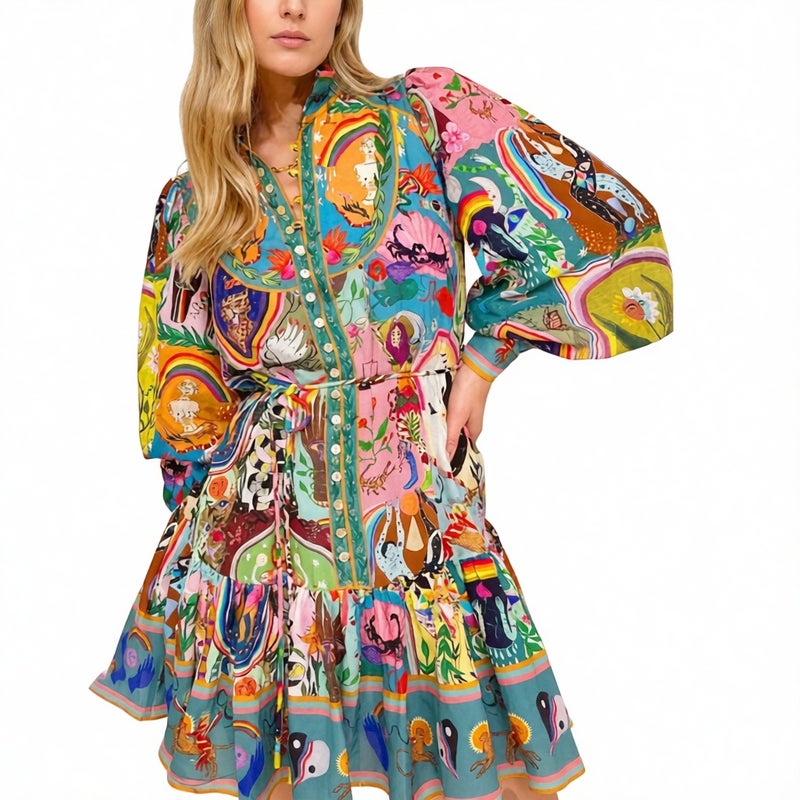 Women's Casual Printed Lantern Sleeve Ruffle Pleated Dress